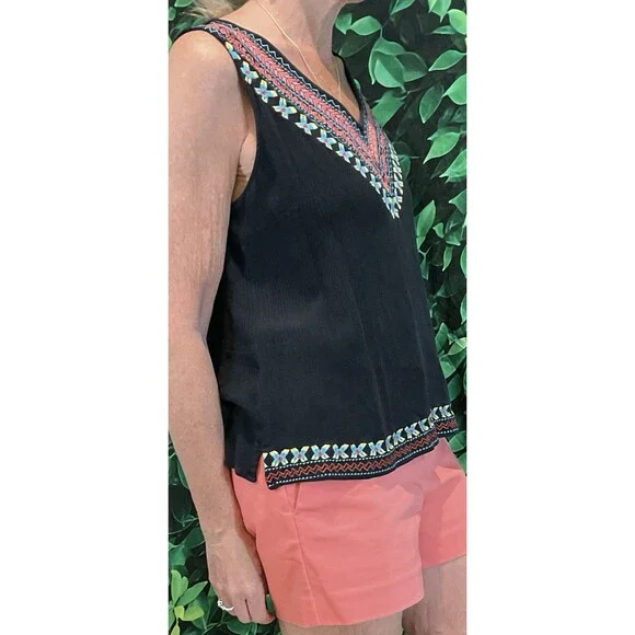 🖤 Skies Are Blue Black Embroidered V-Neck Top – Size Large - Picture 4 of 8